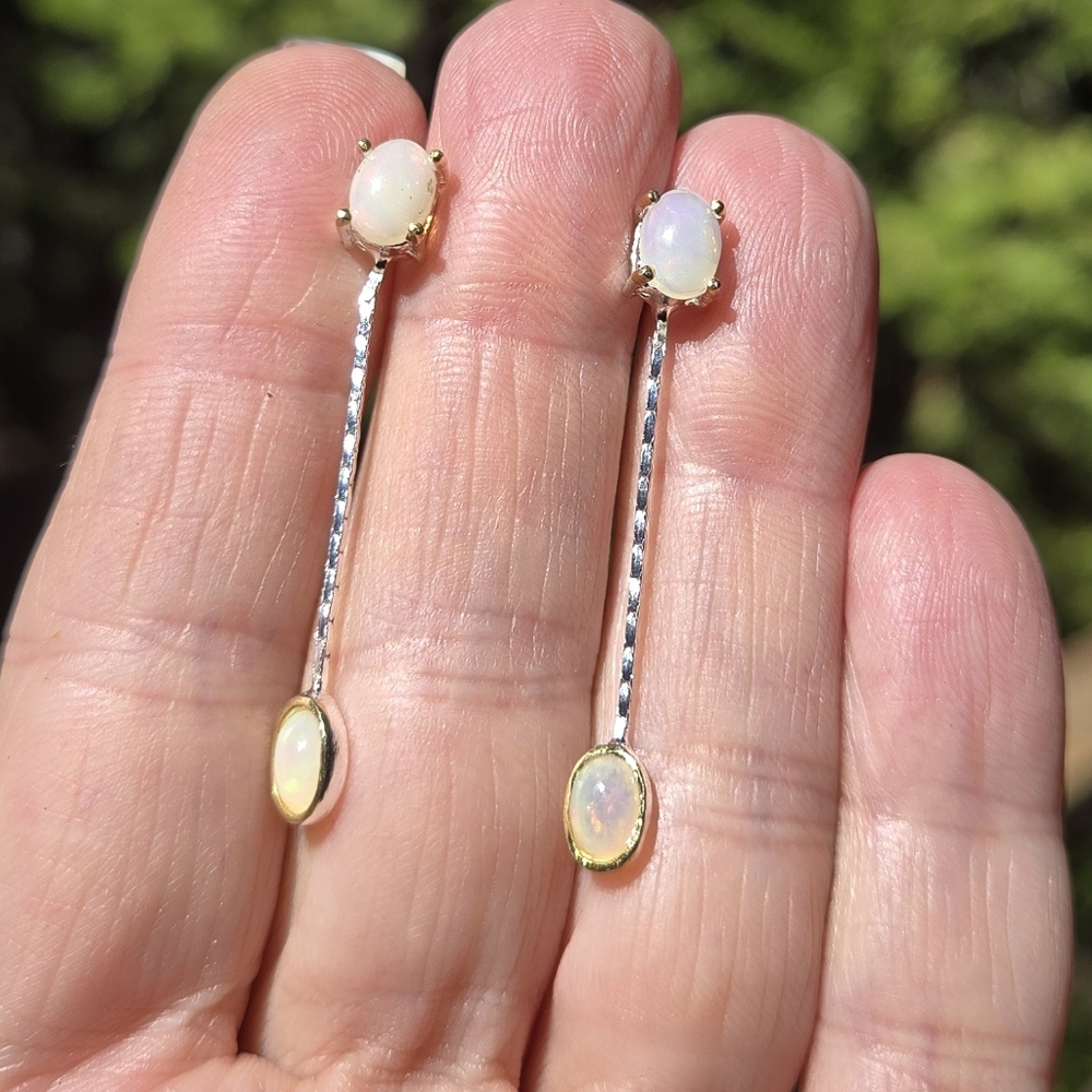 Opal Natural Gemstone Sterling & Gold Earrings 6k - Picture 9 of 11